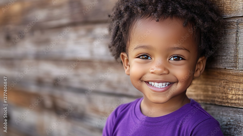 Cute child smiling brightly against weathered wooden wall radiating joy and innocence Cute child smiling brightly against weathered wooden wall radiating joy and innocence