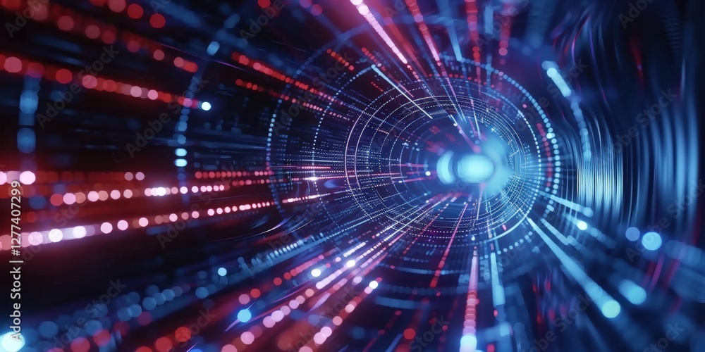 A vibrant, abstract representation of light streaks in blue and red, creating a sense of movement and depth in a digital tunnel. A vibrant, abstract representation of light streaks in blue and red, creating a sense of movement and depth in a digital tunnel.