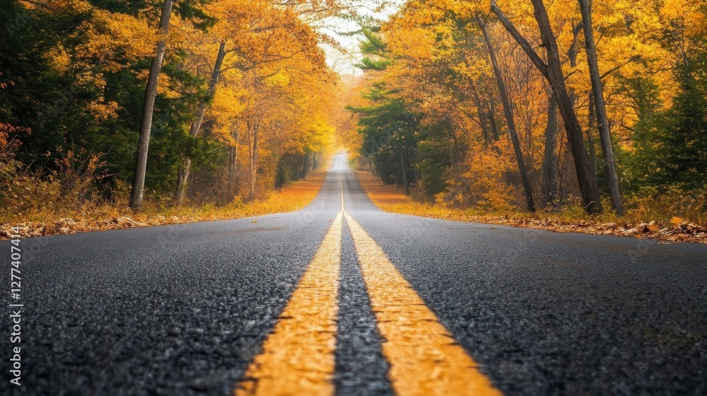 Autumn Road Through Golden Trees A Scenic Drive Autumn Road Through Golden Trees A Scenic Drive
