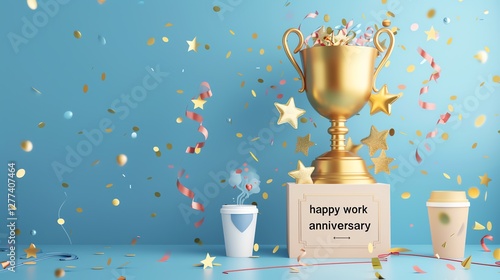 celebratory work anniversary card highlighting achievements and festive recognition with golden trophy, confetti, and coffee cups in a business context