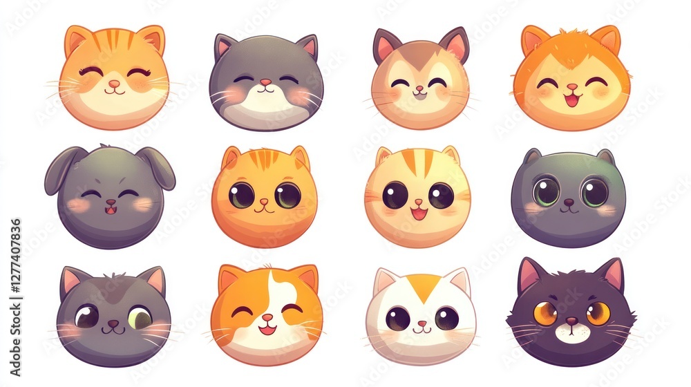 Cute cartoon animal faces, various breeds of cats and dogs, happy and playful expressions. Cute cartoon animal faces, various breeds of cats and dogs, happy and playful expressions.