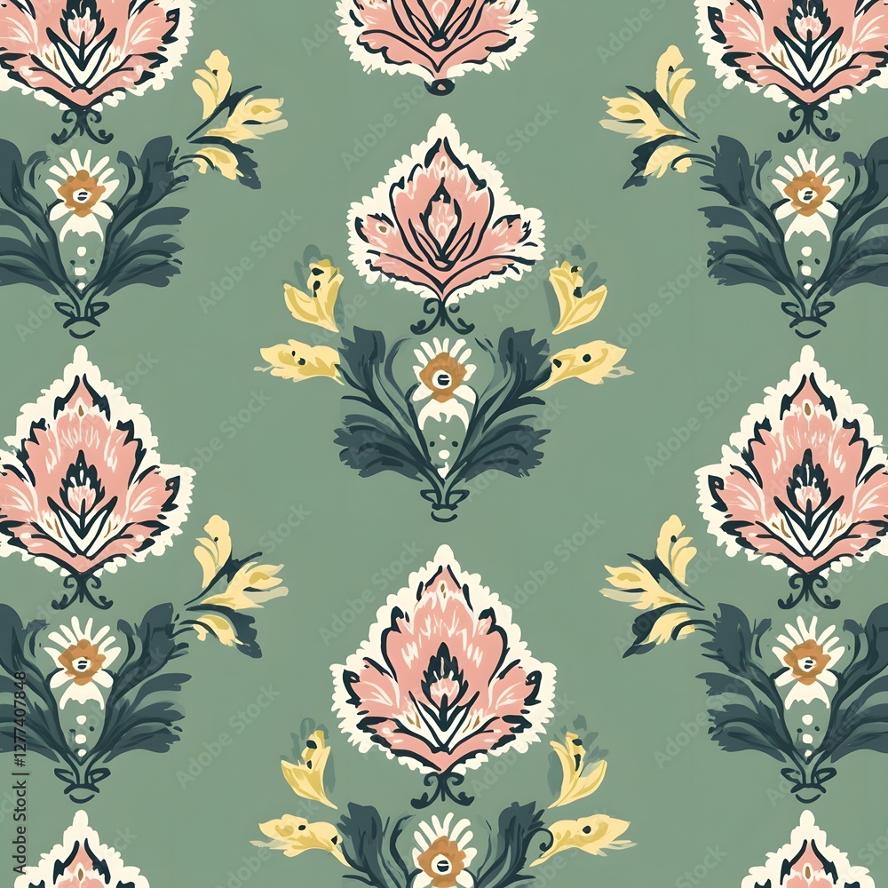 Damask seamless pattern,Ikat floral seamless pattern on green background,vector illustration,Ikat ethnic oriental embroidery,Aztec style,baroque.design for texture,fab,clothing,decoration,fashion,tile Damask seamless pattern,Ikat floral seamless pattern on green background,vector illustration,Ikat ethnic oriental embroidery,Aztec style,baroque.design for texture,fab,clothing,decoration,fashion,tile