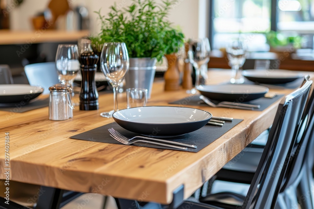 Elegant dining table setup with black plates and modern cutlery for a sophisticated culinary experience and a cozy restaurant ambience Elegant dining table setup with black plates and modern cutlery for a sophisticated culinary experience and a cozy restaurant ambience
