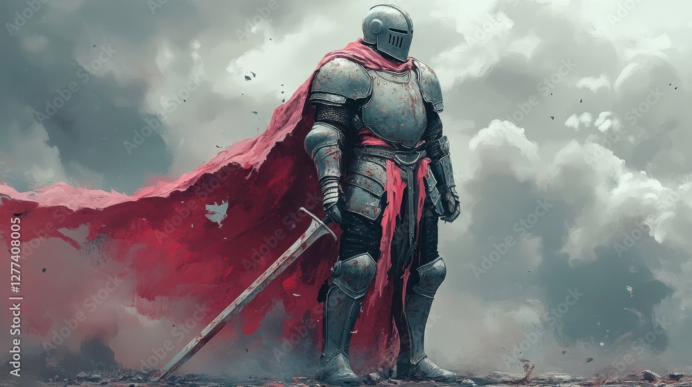 Naklejka premium Majestic Armored Knight with Red Cape Standing Heroically amidst a Dramatic Atmospheric Setting Evoking Historical Medieval Battle Imagery