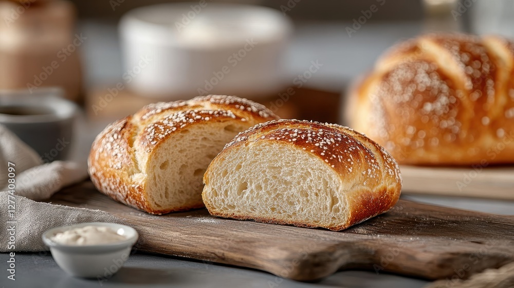 Sourdough artisan bread halves on rustic board with dark backdrop Sourdough artisan bread halves on rustic board with dark backdrop
