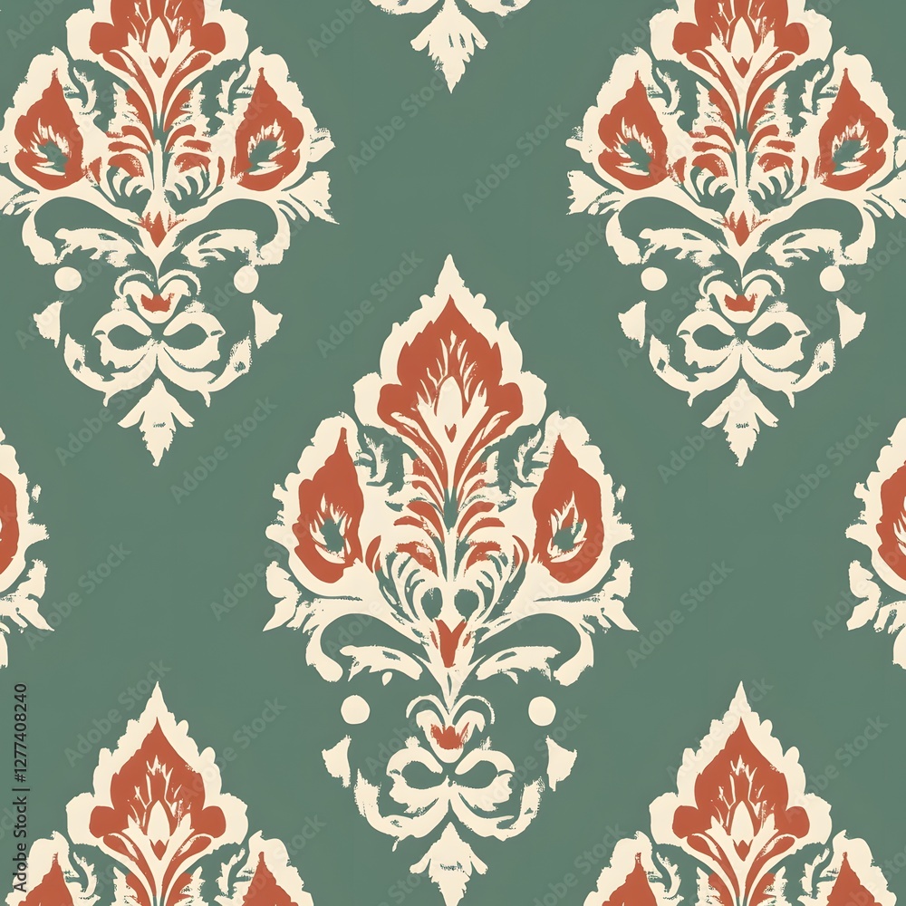 Damask seamless pattern,Ikat floral seamless pattern on green background,vector illustration,Ikat ethnic oriental embroidery,Aztec style,baroque.design for texture,fab,clothing,decoration,fashion,tile Damask seamless pattern,Ikat floral seamless pattern on green background,vector illustration,Ikat ethnic oriental embroidery,Aztec style,baroque.design for texture,fab,clothing,decoration,fashion,tile