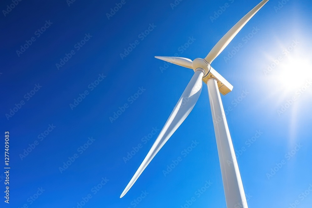Fototapeta premium Majestic Wind Turbine Soaring Against a Vibrant Blue Sky Capturing Renewable Energy and Sustainable Future with a Low Angle and Bright Sunlight