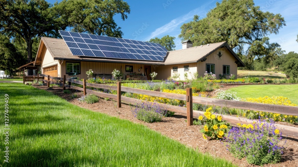 Serene suburban home with solar panels on roof surrounded by lush green lawn and vibrant flower garden under blue sky Serene suburban home with solar panels on roof surrounded by lush green lawn and vibrant flower garden under blue sky