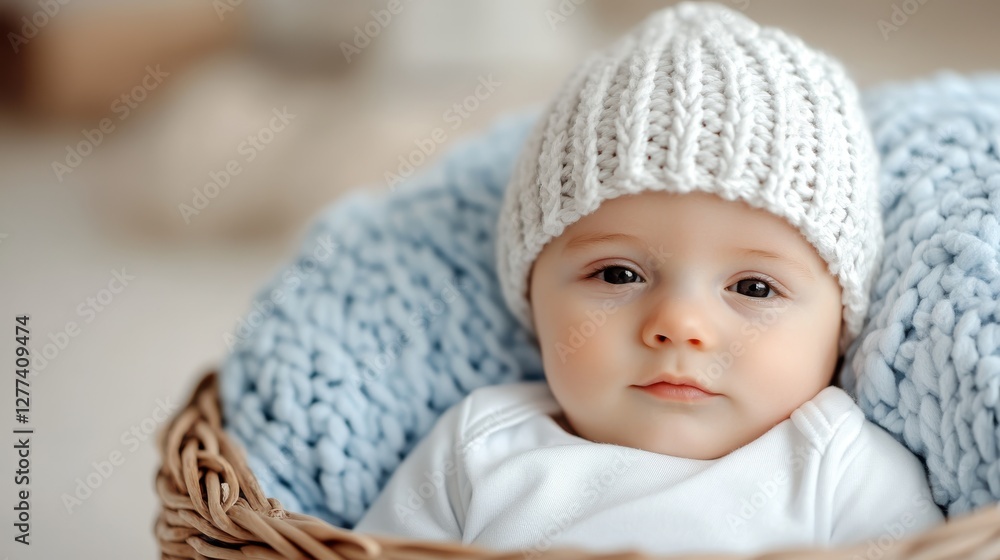 Newborn boy peacefully resting in a cozy wicker basket Newborn boy peacefully resting in a cozy wicker basket