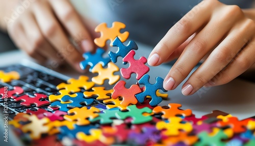Person working on a laptop, connecting digital jigsaw pieces to represent finding innovative solutions to business problems online