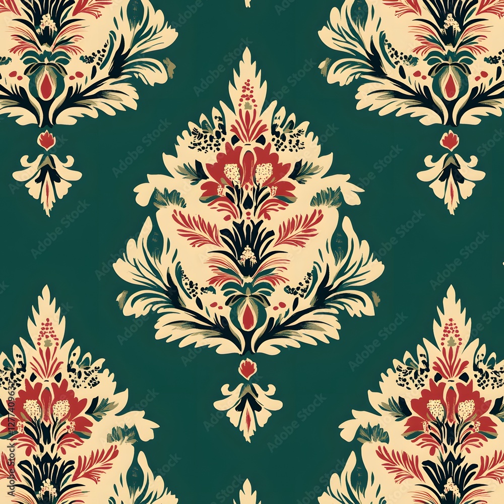 Damask seamless pattern,Ikat floral seamless pattern on green background,vector illustration,Ikat ethnic oriental embroidery,Aztec style,baroque.design for texture,fab,clothing,decoration,fashion,tile Damask seamless pattern,Ikat floral seamless pattern on green background,vector illustration,Ikat ethnic oriental embroidery,Aztec style,baroque.design for texture,fab,clothing,decoration,fashion,tile