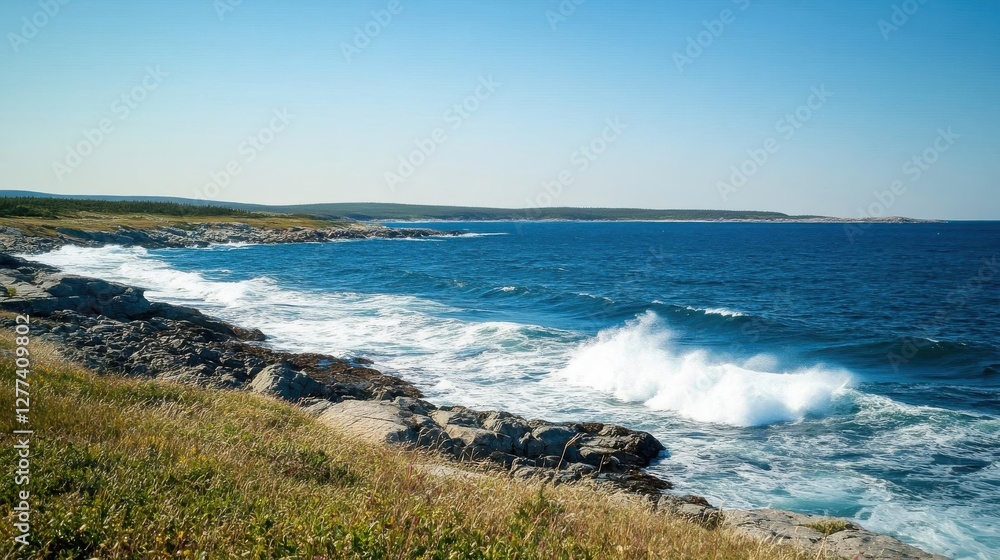 Coastal Landscape with Waves Crashing on Rocky Shore Coastal Landscape with Waves Crashing on Rocky Shore