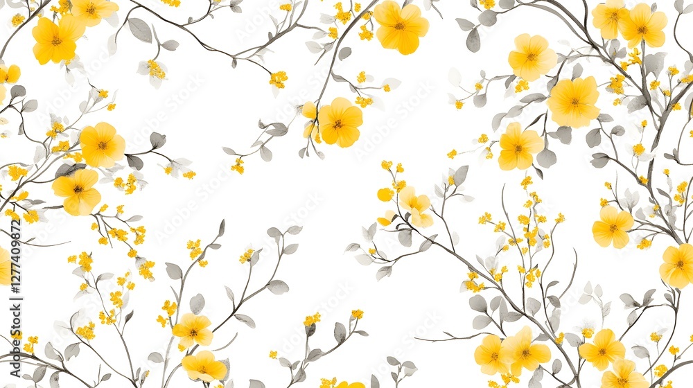 Romantic floral print, seamless pattern with small yellow flowers, fresh leaves, tiny twigs scattered on a white background. Liberty botanical background with painted plants. Romantic floral print, seamless pattern with small yellow flowers, fresh leaves, tiny twigs scattered on a white background. Liberty botanical background with painted plants.