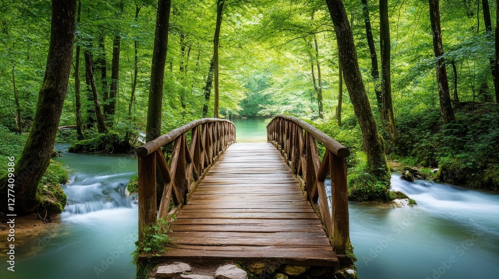 Obraz premium Serene Wooden Bridge Over Tranquil Stream in Lush Green Forest