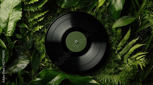 A black vinyl record rests on lush green foliage, creating a harmonious blend of music and nature.