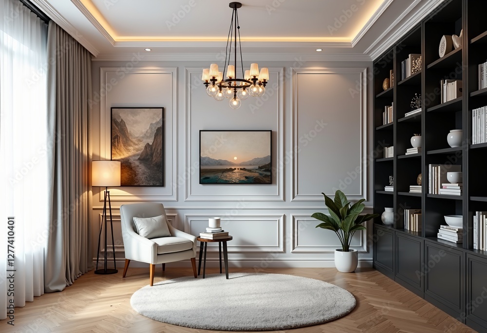 Fototapeta premium Cozy Modern Study: Light Silver Wall Cloth, Walnut Furniture, Artistic Touches & a Warm, Inviting Ambiance
