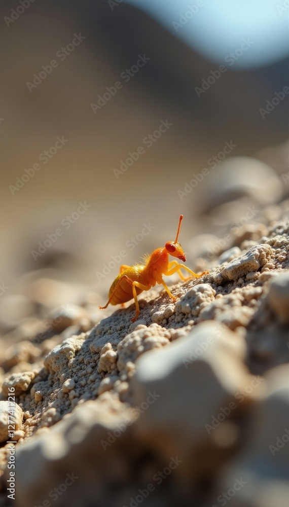 A small yellow insect crawls on a barren rock surface, serenity, insect A small yellow insect crawls on a barren rock surface, serenity, insect