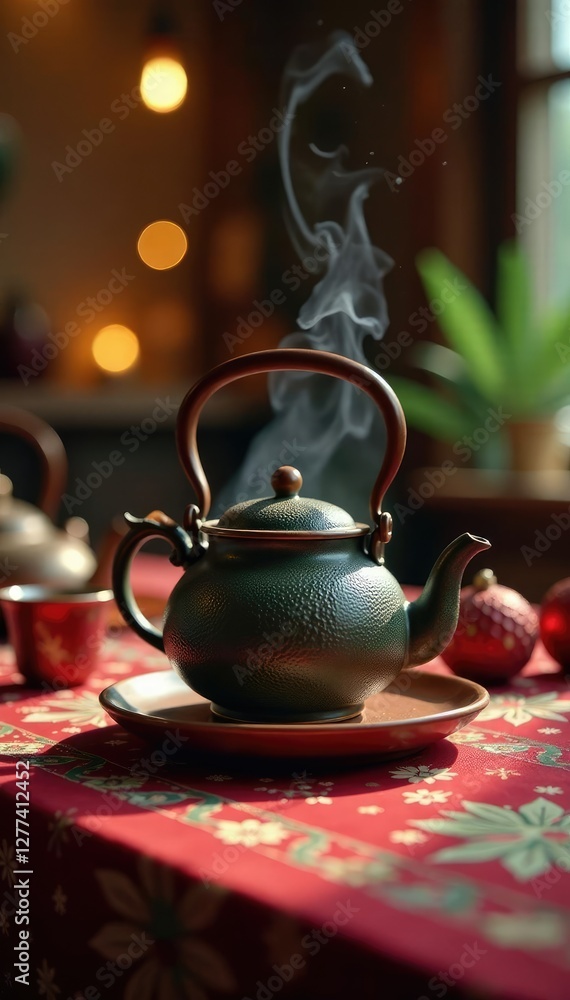 Fototapeta premium A steaming teapot on a decorative tablecloth with festive decorations, decoration, pot