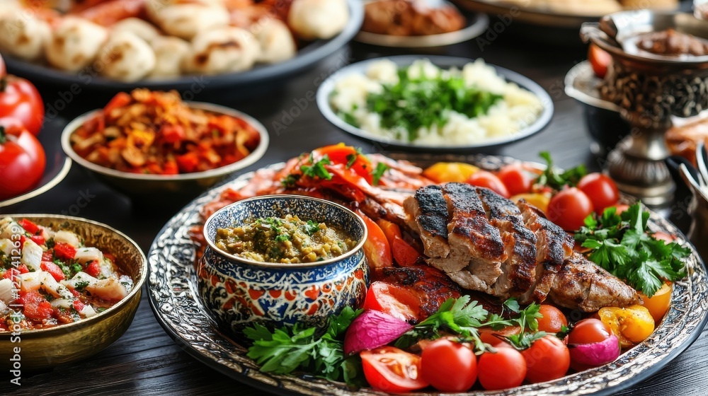 Grilled Fish and Fresh Vegetables on a Decorative Serving Platter Grilled Fish and Fresh Vegetables on a Decorative Serving Platter