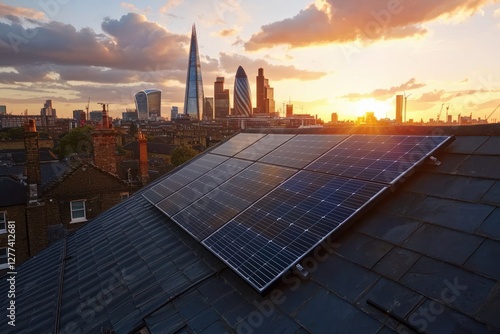 Solar panels on a rooftop with the London skyline at sunset showcasing sustainable energy and urban landscape with warm light and modern buildings