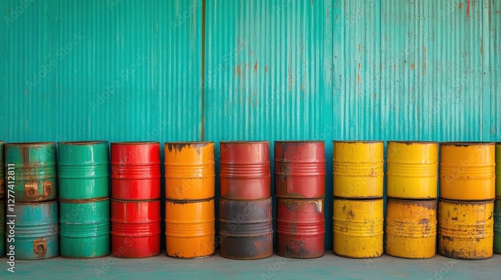 Vibrant, multi-colored oil drums create an artistic display against a turquoise wall, evoking an industrial yet creative urban atmosphere. Vibrant, multi-colored oil drums create an artistic display against a turquoise wall, evoking an industrial yet creative urban atmosphere.