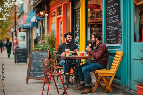 Two men enjoying ice cream and coffee at outdoor cafe in Mile End, Montreal