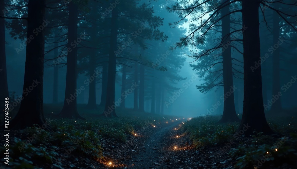 Fototapeta premium Dark forest with twinkling lights and misty atmosphere, darkness, night
