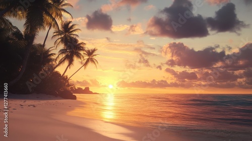 Tropical Sunset Beach Scene With Palm Trees