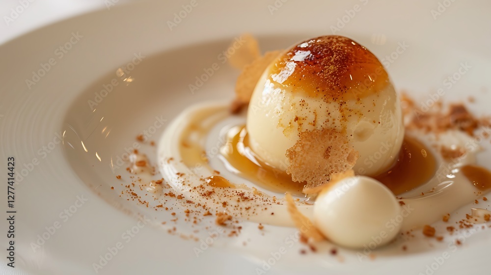 Creamy Vanilla Dessert with Caramel Drizzle and Crumble on Elegant Plate Creamy Vanilla Dessert with Caramel Drizzle and Crumble on Elegant Plate