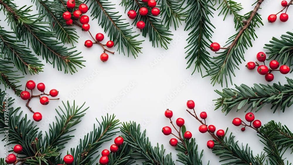 A festive arrangement of evergreen branches and vibrant red berries on a white background, evoking a cheerful holiday atmosphere A festive arrangement of evergreen branches and vibrant red berries on a white background, evoking a cheerful holiday atmosphere