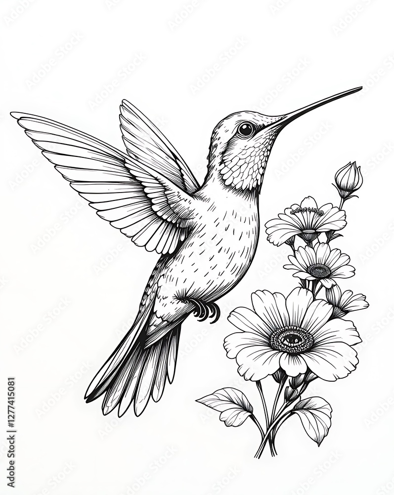 Fototapeta premium Beautiful Hummingbird Illustration for Adult Coloring Book Decorative Art