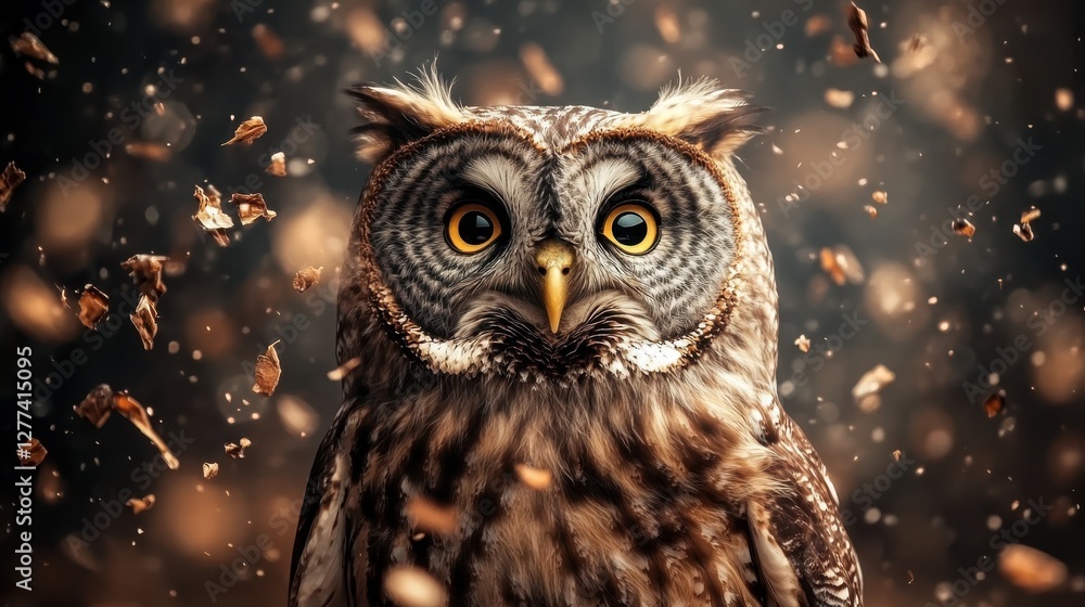 Portrait of a majestic Great Grey Owl amidst swirling autumn leaves Portrait of a majestic Great Grey Owl amidst swirling autumn leaves