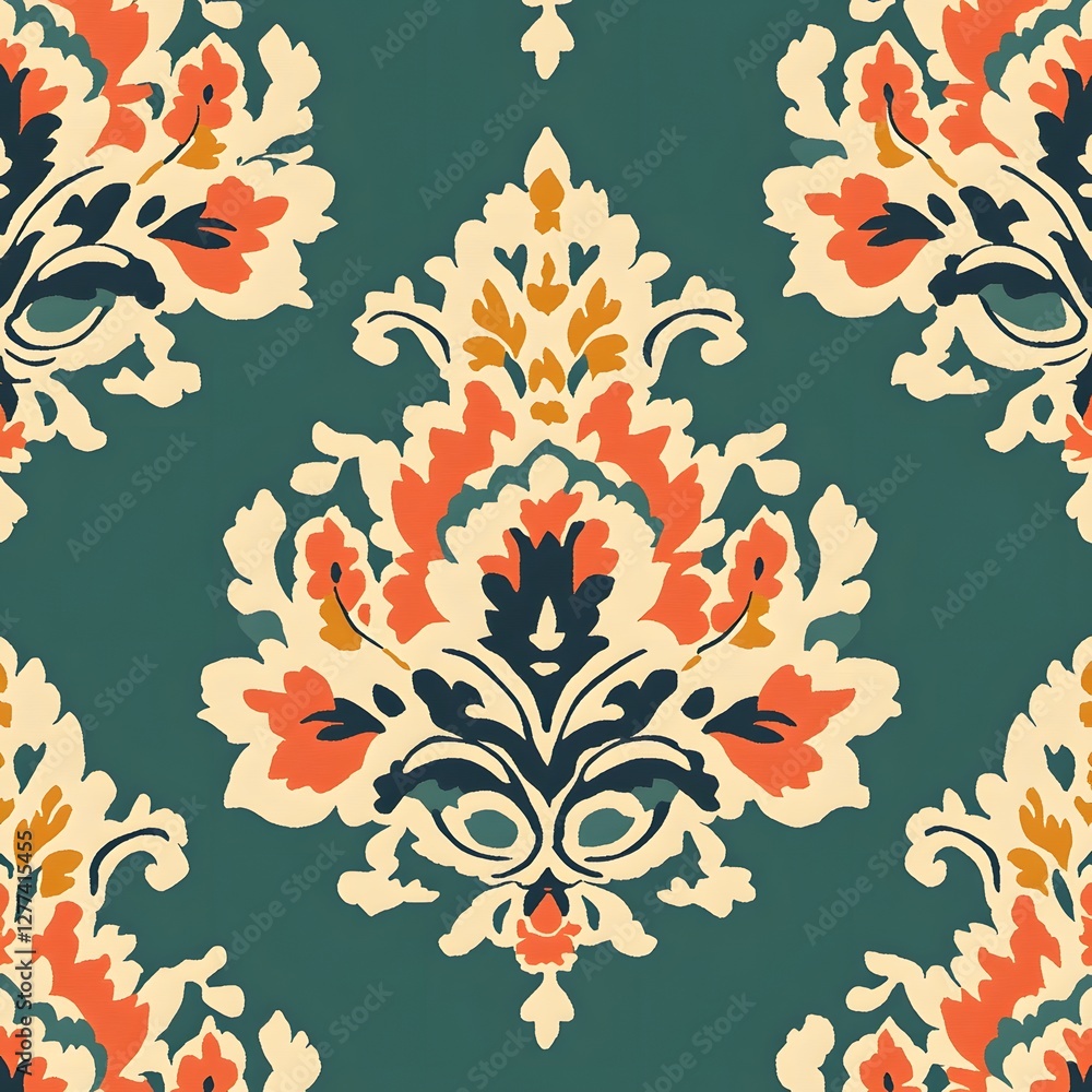 Damask seamless pattern,Ikat floral seamless pattern on green background,vector illustration,Ikat ethnic oriental embroidery,Aztec style,baroque.design for texture,fab,clothing,decoration,fashion,tile Damask seamless pattern,Ikat floral seamless pattern on green background,vector illustration,Ikat ethnic oriental embroidery,Aztec style,baroque.design for texture,fab,clothing,decoration,fashion,tile