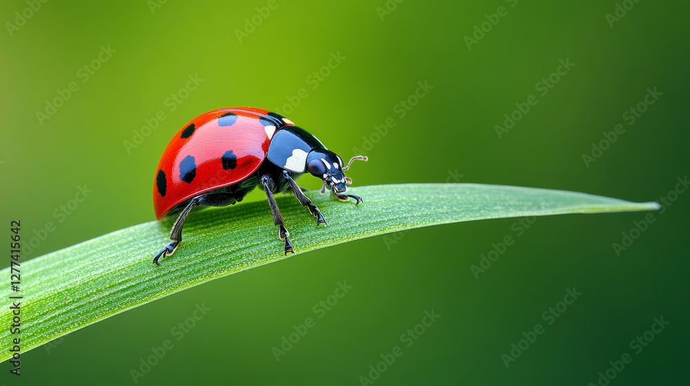 Close-up of a vibrant ladybug perched on a green leaf against a blurred background Close-up of a vibrant ladybug perched on a green leaf against a blurred background
