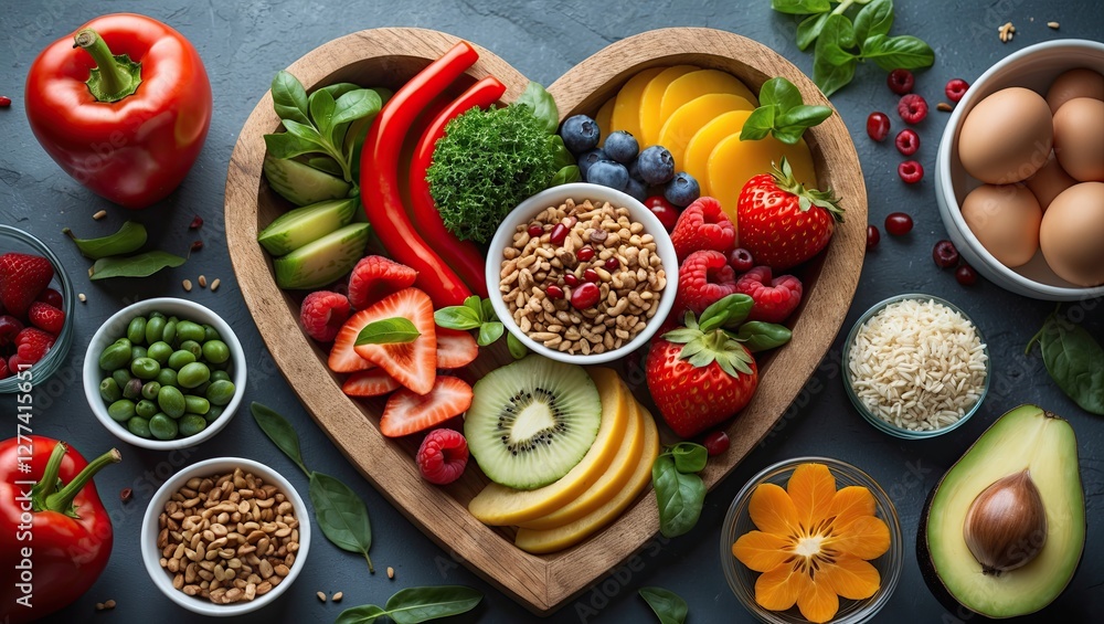 A heart-shaped arrangement of fresh fruits and vegetables on a dark surface, showcasing vibrant colors and healthy ingredients A heart-shaped arrangement of fresh fruits and vegetables on a dark surface, showcasing vibrant colors and healthy ingredients