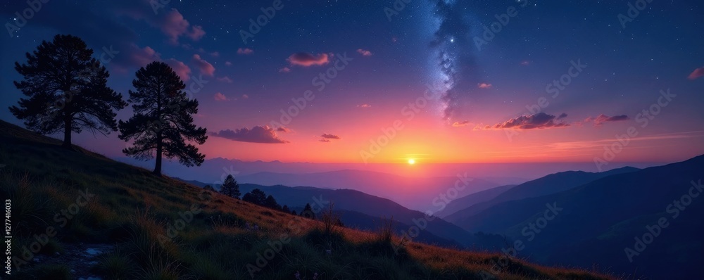 Fototapeta premium Gently glowing starlight bathes the serene landscape in a soft warm glow, landscape, light