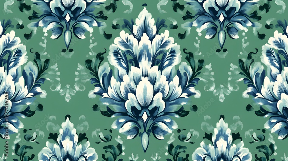 Damask seamless pattern,Ikat floral seamless pattern on green background,vector illustration,Ikat ethnic oriental embroidery,Aztec style,baroque.design for texture,fab,clothing,decoration,fashion,tile Damask seamless pattern,Ikat floral seamless pattern on green background,vector illustration,Ikat ethnic oriental embroidery,Aztec style,baroque.design for texture,fab,clothing,decoration,fashion,tile
