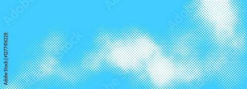Dotted comic cloud background. Halftone clouds in sky. Pop art heaven wallpaper for banner, brochure, collage, leaflet, poster. Pixelated smoke, fog or smog texture. Vector backdrop