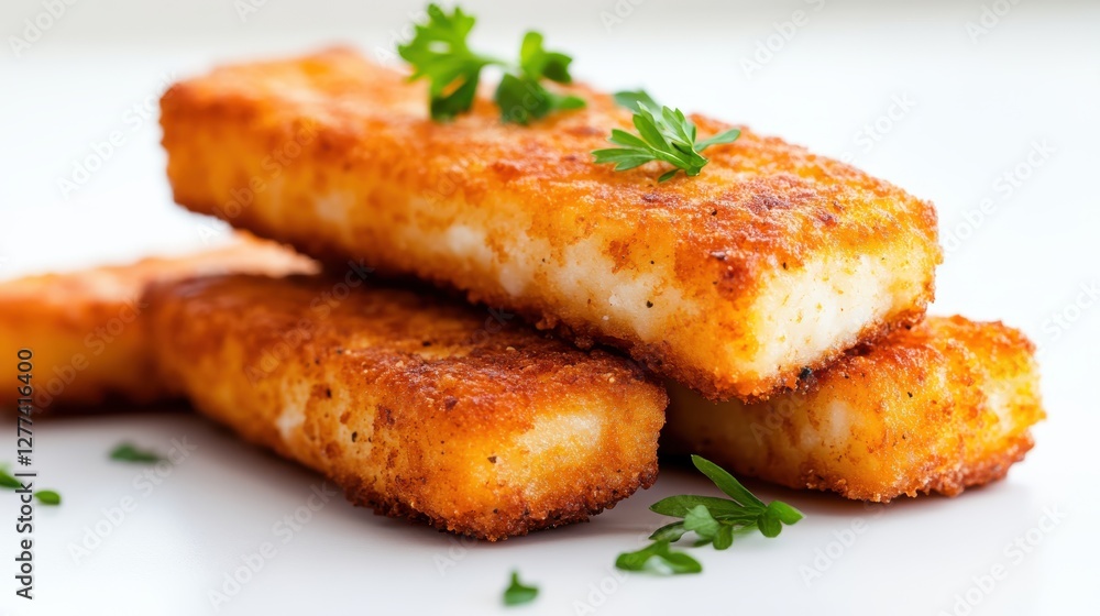 Crispy fish finger sticks garnished with fresh parsley on a white backdrop