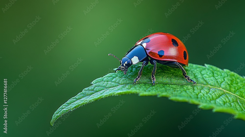 Close-up of a vibrant ladybug perched on a green leaf, surrounded by a blurred natural background