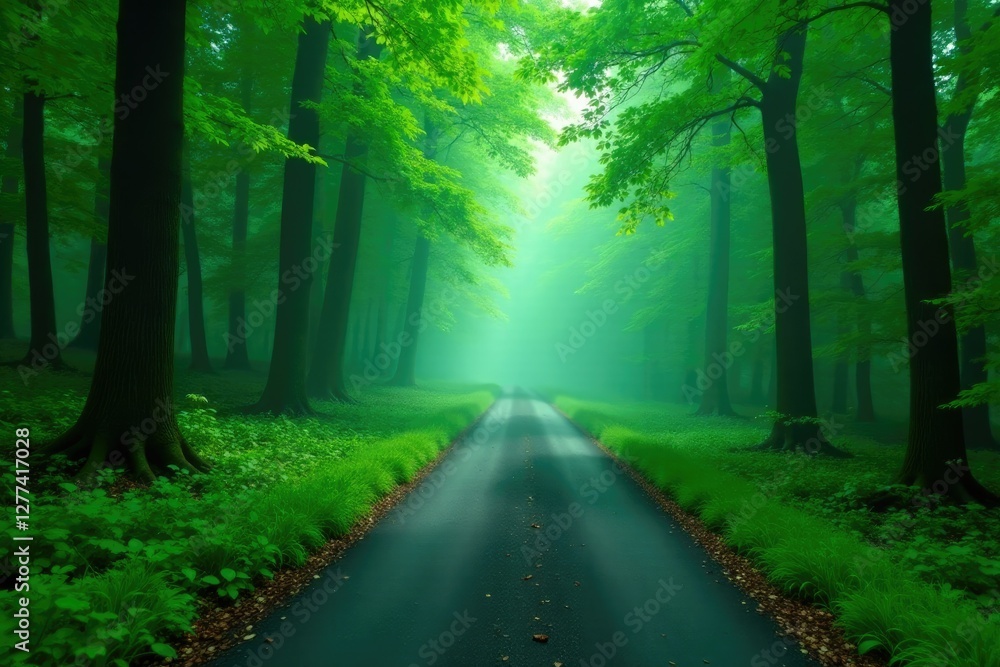 Naklejka premium Misty forest road winding through dense foliage, nature, trees, green