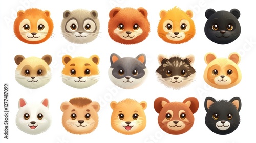 Cute cartoon animal faces, various species, vector illustration.