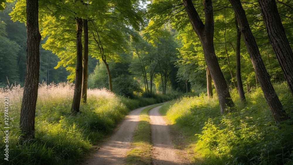 A serene dirt path winding through a lush green forest with sunlight filtering through the trees, creating a peaceful atmosphere A serene dirt path winding through a lush green forest with sunlight filtering through the trees, creating a peaceful atmosphere