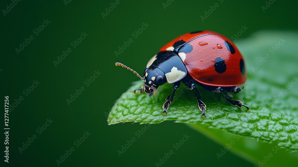 Close-up of a vibrant ladybug perched on a green leaf with a blurred natural background Close-up of a vibrant ladybug perched on a green leaf with a blurred natural background