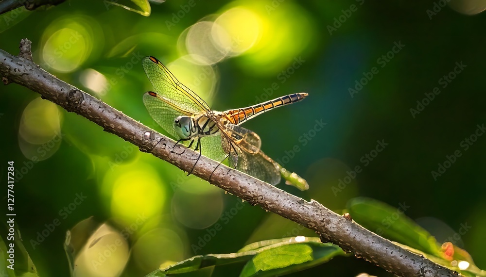A detailed close-up of a colorful dragonfly resting on a branch, set against a backdrop of out-of-focus, vibrant green foliage. A detailed close-up of a colorful dragonfly resting on a branch, set against a backdrop of out-of-focus, vibrant green foliage.