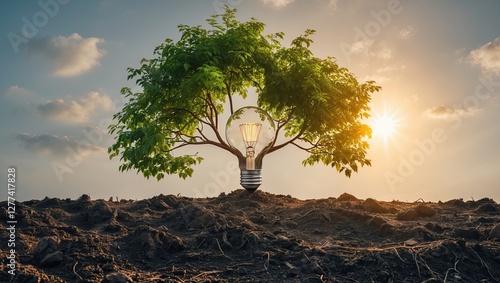A creative representation of a tree with a light bulb as trunk, symbolizing environmental sustainability and innovation at sunrise