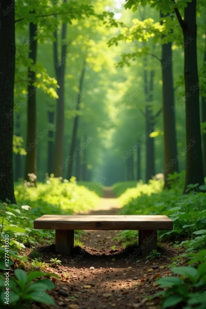 Natural wooden bench in forest clearing with podium base, rustic, trees, greenery Natural wooden bench in forest clearing with podium base, rustic, trees, greenery
