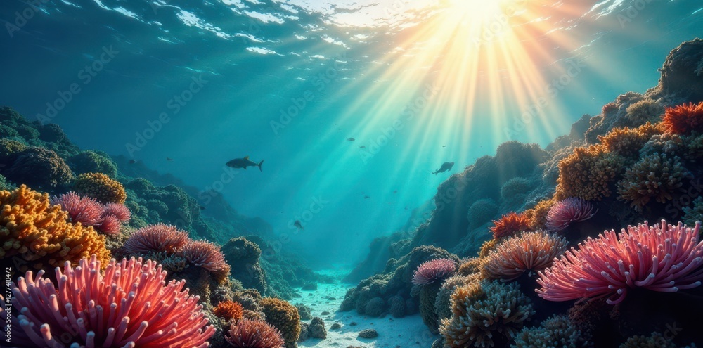 Obraz premium Sunlit coral reef, abundant aquatic life thrives , reef, underwater world