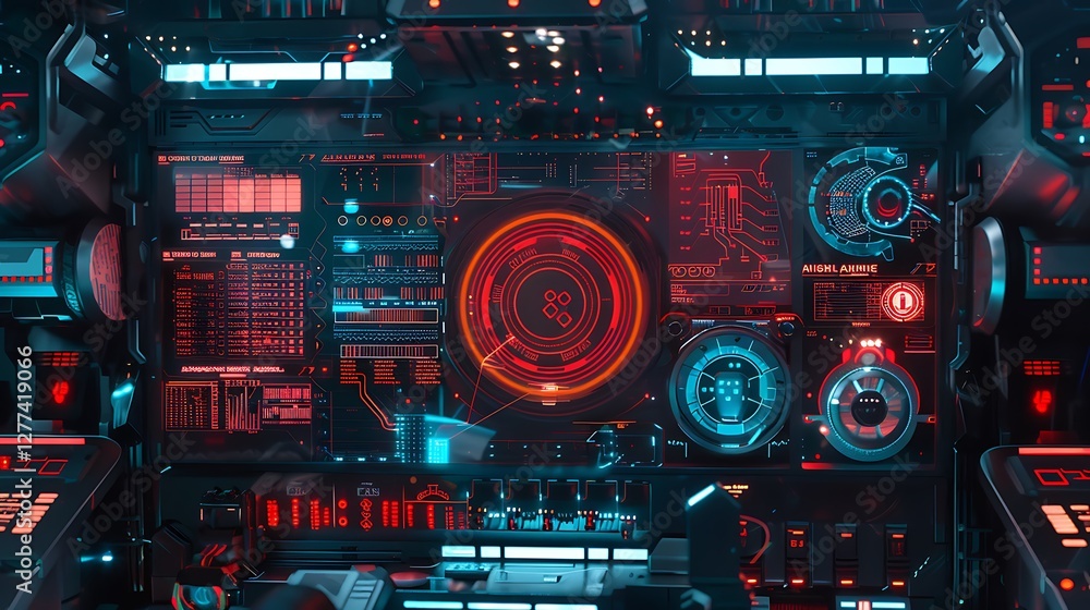 Futuristic Control Panel with Neon Lights and Advanced Technology Display Futuristic Control Panel with Neon Lights and Advanced Technology Display