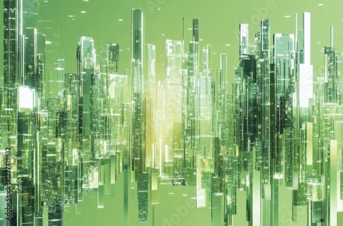 Abstract futuristic city skyline, light beams, green, digital art
